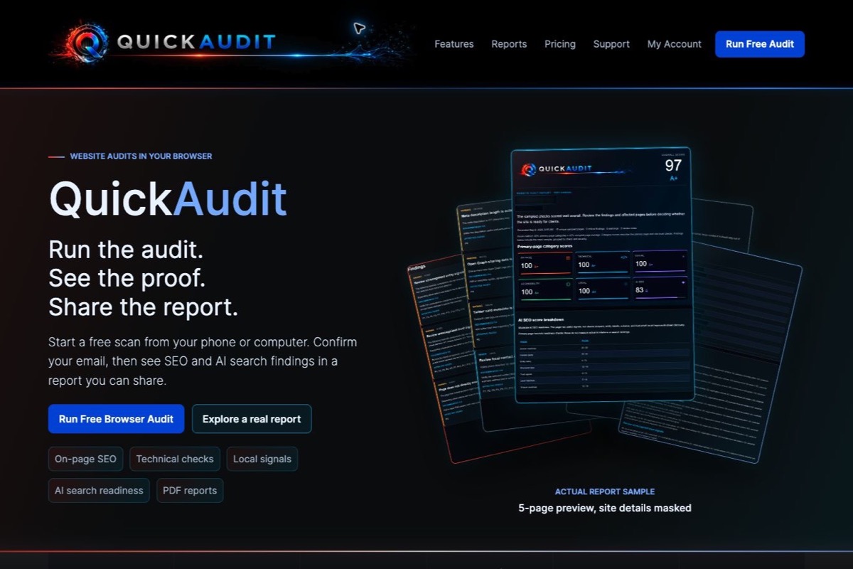 QuickAudit SEO audit product and report preview