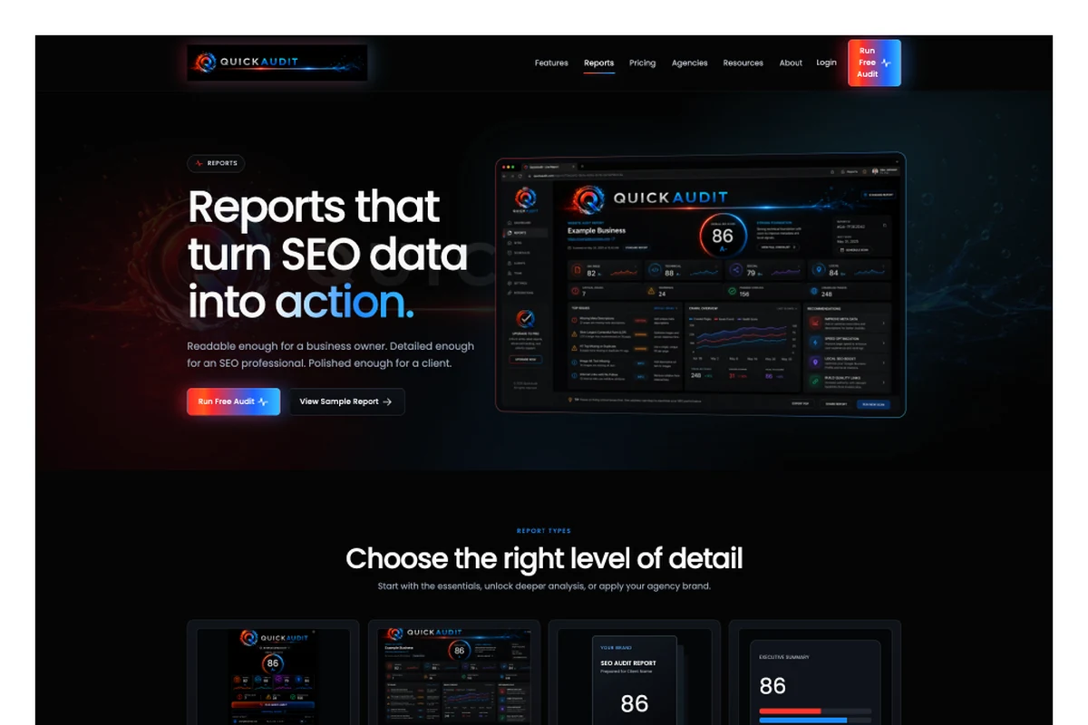 QuickAudit SEO audit product and report preview